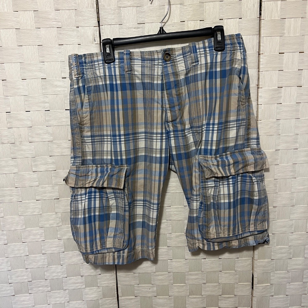 United colors of Benetton Plaid Cargo Shorts Casual Outdoor Blue Beige Size 34‎
